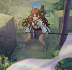 Rule 34 | 1girl, 1other, absurdres, ambiguous gender, arknights, blue eyes, cropped shirt, cube, day, doctor (arknights), flag, full body, grey skirt, grey socks, highres, holding, holding flag, hua ming wink, jacket, long hair, long sleeves, midriff, myrtle (arknights), open clothes, open jacket, outdoors, plant, pointy ears, red hair, shirt, shoes, skirt, socks, standing, v-shaped eyebrows, white flag, white jacket, white legwear, white shirt
