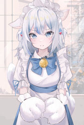 Rule 34 | 1girl, alternate costume, animal ears, apron, bell, blue bow, blue bowtie, blue eyes, blue ribbon, blush, bow, bowtie, cat ears, closed mouth, commentary, e name, gawr gura, gloves, hair ornament, highres, hololive, hololive english, long hair, looking at viewer, maid apron, maid headdress, multicolored hair, neck bell, puffy short sleeves, puffy sleeves, ribbon, shark hair ornament, short sleeves, solo, straight-on, streaked hair, symbol-only commentary, tail, two side up, upper body, virtual youtuber, white apron, white gloves, white hair