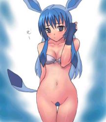 Rule 34 | animal ears, blue hair, blush, bra, glaceon, jpeg artifacts, lingerie, personification, pokemon, tail, thigh gap, thighs, underwear