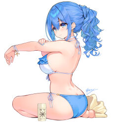 Rule 34 | 1girl, ass, bare arms, bare legs, bare shoulders, barefoot, bikini, blue bikini, blue eyes, blue hair, blue nails, blush, breasts, closed mouth, cu-no, earrings, full body, hair between eyes, hisen kaede, jewelry, kohitsuji ai, large breasts, looking to the side, nail polish, outstretched arm, ponytail, signature, simple background, smile, solo, stud earrings, swimsuit, white background, white bikini