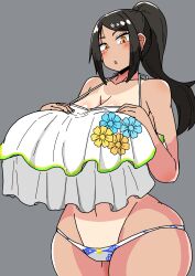 Rule 34 | 1girl, absurdres, bikini, black hair, breasts, collarbone, female focus, grey background, hands on own chest, highres, huge breasts, looking at viewer, nishiki (artist), open mouth, orange eyes, ponytail, shiny skin, solo, standing, swimsuit, tan, tanline, thick thighs, thighs, white bikini, wide hips