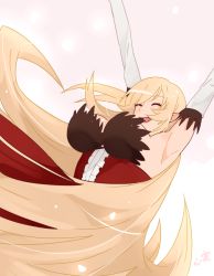 Rule 34 | 1girl, :d, armpits, arms up, bad id, bad tumblr id, bare shoulders, blonde hair, breasts, closed eyes, commentary, dress, elbow gloves, fangs, gloves, happy, kiss-shot acerola-orion heart-under-blade, kokomi (aniesuakkaman), large breasts, long hair, monogatari (series), open mouth, oshino shinobu, pointy ears, red dress, smile, solo, strapless, strapless dress, very long hair, white gloves