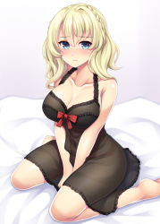 Rule 34 | 1girl, absurdres, barefoot, bed sheet, black dress, blonde hair, blue eyes, blush, braid, breasts, cleavage, closed mouth, collarbone, colorado (kancolle), dress, hair between eyes, highres, kantai collection, large breasts, ruin re birth, short hair, sitting, solo, wariza