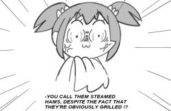 Rule 34 | 1girl, :3, anger vein, angry, closed mouth, constricted pupils, emphasis lines, english text, female focus, greyscale, hair ornament, hair scrunchie, jaggy lines, meme, monochrome, napkin, poptepipic, popuko, raised eyebrows, scrunchie, short hair, sidelocks, simple background, sketch, solo, steamed hams (meme), subtitled, text focus, two side up, upper body, vilepluff, white background, wide-eyed
