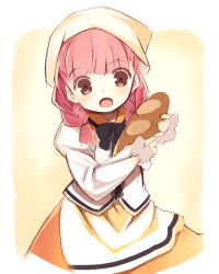 Rule 34 | 1girl, :d, apron, baguette, black bow, black bowtie, blunt bangs, bow, bowtie, braid, bread, brown eyes, collared shirt, food, head scarf, head tilt, holding, holding food, juliet sleeves, kurasuke, long hair, long sleeves, looking at viewer, low twintails, open mouth, orange skirt, original, pink hair, puffy sleeves, shirt, simple background, sketch, skirt, smile, solo, twin braids, twintails, white apron, white shirt, yellow background