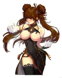 Rule 34 | 00s, 1girl, bad id, bad pixiv id, blush, breastless clothes, breasts, breasts out, brown hair, china dress, chinese clothes, double bun, dress, dungeon and fighter, fighter (dungeon and fighter), framed breasts, gloves, happening18, large breasts, long hair, nen master (dungeon and fighter), nipples, red eyes, solo, thighhighs, twintails