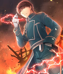 Rule 34 | 1boy, aiguillette, alchemy, alternate eye color, amestris military uniform, black hair, blue jacket, blue pants, burnt, buttons, clear sky, closed mouth, collared jacket, cowboy shot, double-breasted, dutch text, electricity, embers, fire, fire, frown, fullmetal alchemist, gloves, hair between eyes, hand in pocket, hand up, jacket, looking at viewer, looking down, male focus, military, military jacket, military uniform, night, night sky, outdoors, pants, red eyes, roy mustang, ruins, serious, shade, silver trim, sky, smoke, snapping fingers, spiked hair, tsuki oto sena, tsurime, uniform, white gloves