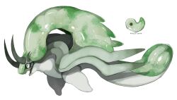 Rule 34 | animal focus, fins, from side, green horns, highres, horns, magatama, monster, monsterification, multiple horns, no humans, omarumaru, open mouth, original, profile, reference inset, sharp teeth, simple background, slit pupils, teeth, white background, white eyes