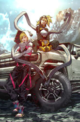 Rule 34 | 2girls, black pants, blonde hair, blue eyes, comic cover, cover image, cropped shirt, crossed arms, cup, doctor octopus, dual persona, gloves, gmc (automobile), gmc hummer ev, gwen stacy, head tilt, highres, holding, holding cup, kael ngu, looking at viewer, marvel, mechanical tentacles, motor vehicle, mug, multiple girls, official art, pants, parted lips, shirt, shoes, shrug (clothing), sky, smile, sneakers, spider-gwen, sports utility vehicle, techwear, v-shaped eyebrows, western comics (style), white footwear, white shirt, yellow footwear, yellow gloves