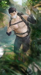 Rule 34 | 1boy, abs, backpack, bag, bara, black hair, black pants, bracelet, brown eyes, covered mouth, day, hand up, highres, jewelry, looking at viewer, male focus, mask, mouth mask, muscular, muscular male, navel, nipples, original, outdoors, pants, pectorals, puppy 1ove, short hair, solo, topless male, v