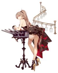 Rule 34 | 1girl, alcohol, ask (askzy), ass, azur lane, backless dress, backless outfit, bangle, bare shoulders, bent over, black dress, black footwear, black gloves, bracelet, breasts, brown hair, cannon, choker, cocktail dress, cup, dress, drinking glass, earrings, expressionless, full body, gloves, gold, hair between eyes, hair ornament, high heels, highres, jean bart (azur lane), jean bart (uninhibited bloodstone) (azur lane), jewelry, leaning on object, long hair, medium breasts, official alternate costume, official art, ponytail, purple eyes, sidelocks, skindentation, solo, strappy heels, thigh strap, thighlet, thighs, transparent background, turret