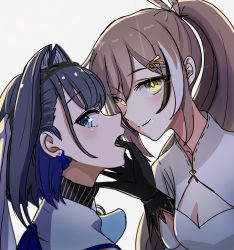 Rule 34 | ahoge, bad id, bad pixiv id, blue eyes, blue hair, blue ribbon, bow, bow earrings, brown hair, chain, chain headband, cleavage cutout, clothing cutout, earrings, face-to-face, fang, feather hair ornament, feathers, gloves, hair intakes, hair ornament, hairclip, hand on another&#039;s mouth, head chain, highres, hololive, hololive english, jewelry, long hair, looking at viewer, macartura08, multicolored hair, nanashi mumei, ouro kronii, ouro kronii (1st costume), partially fingerless gloves, pinstripe pattern, ponytail, ribbon, sailor collar, shirt, short hair, streaked hair, striped, turtleneck, very long hair, virtual youtuber, white shirt, yellow eyes, yuri