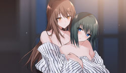 Rule 34 | 2girls, bare shoulders, blue eyes, blurry, blurry background, brown eyes, brown hair, closed mouth, collarbone, depth of field, green hair, hair between eyes, highres, indoors, japanese clothes, kimono, kinona, long hair, multiple girls, off shoulder, original, parted lips, smile, striped clothes, striped kimono, upper body, vertical-striped clothes, vertical-striped kimono, very long hair, white kimono, yuri