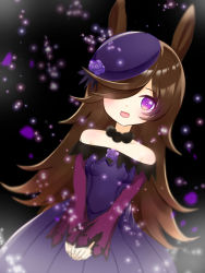 Rule 34 | 1girl, :d, animal ears, bare shoulders, black hat, breasts, brown hair, collarbone, commentary request, dress, dutch angle, flower, hair over one eye, hat, hat flower, highres, horse ears, kiri sakura, long sleeves, looking at viewer, off-shoulder dress, off shoulder, open mouth, pleated dress, purple dress, purple eyes, purple flower, purple rose, rice shower (umamusume), rose, sleeves past wrists, small breasts, smile, solo, tilted headwear, umamusume