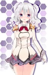 Rule 34 | 10s, 1girl, :d, artist name, bad id, bad pixiv id, blue eyes, blush, buttons, collared shirt, epaulettes, frilled sleeves, frills, gloves, hair between eyes, head tilt, hexagon, honeycomb (pattern), honeycomb background, honeycomb pattern, kantai collection, kashima (kancolle), long sleeves, military, military uniform, miniskirt, nanase nao, open mouth, pleated skirt, red ribbon, ribbon, shirt, short hair, silver hair, simple background, skirt, smile, solo, standing, thigh gap, two side up, uniform, white gloves