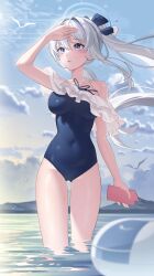 Rule 34 | 1girl, absurdres, aqua74286, black one-piece swimsuit, blue archive, blue halo, blush, breasts, casual one-piece swimsuit, cellphone, covered navel, cowboy shot, day, frilled one-piece swimsuit, frills, grey hair, hair between eyes, halo, highres, holding, holding phone, long hair, medium breasts, miyako (blue archive), miyako (swimsuit) (blue archive), ocean, off-shoulder one-piece swimsuit, off shoulder, official alternate costume, official alternate hairstyle, one-piece swimsuit, open mouth, outdoors, phone, ponytail, purple eyes, smartphone, solo, swimsuit, wading, water, wet