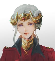 Rule 34 | 1girl, blonde hair, blue eyes, cape, crown, edelgard von hresvelg, fire emblem, fire emblem: three houses, hair ornament, highres, horns, itsuki (itsukiovo), long hair, looking at viewer, nintendo, simple background, smile, solo, white background