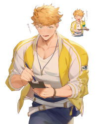 Rule 34 | 1boy, apron, bara, belt, blonde hair, blue apron, bracelet, closed eyes, granblue fantasy, green eyes, higashigunkan, holding, holding pen, holding tray, jacket, jewelry, large pectorals, male focus, muscular, muscular male, necklace, official alternate costume, open mouth, pectorals, pen, short hair, smile, solo, tank top, translation request, tray, vane (granblue fantasy), waist apron, white belt, white jacket, white tank top, yellow jacket
