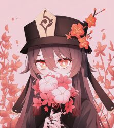 Rule 34 | 1girl, black hat, black nails, bright pupils, brown coat, brown hair, coat, commentary, covered mouth, flower, flower-shaped pupils, genshin impact, hair between eyes, hat, hat flower, hat tassel, highres, holding, holding flower, hu tao (genshin impact), long hair, looking at viewer, orange eyes, pink background, pink flower, portrait, silk flower (genshin impact), simple background, solo, soyolan, symbol-shaped pupils, twintails, white pupils