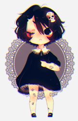 Rule 34 | 1girl, arm at side, arm up, black dress, black eyes, black footwear, black hair, blush, chariko, chibi, chromatic aberration, commentary, cross, cross necklace, dress, english commentary, extra eyes, grey background, hair between eyes, hair ornament, jewelry, knee blush, long sleeves, necklace, nose blush, one eye closed, original, shoes, skull hair ornament, socks, solo, stitched eye, white socks