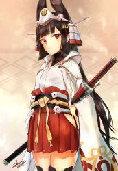 Rule 34 | 1girl, animal ears, azur lane, black hair, black thighhighs, blush, closed mouth, commentary request, dated, hand on own hip, headpiece, highres, japanese clothes, katana, kimono, long hair, long sleeves, looking at viewer, nagato (azur lane), nagato (azur lane) (old design), pleated skirt, red eyes, red skirt, sakusyo, sheath, sheathed, short kimono, signature, skirt, solo, sword, thighhighs, thighs, very long hair, weapon, white kimono, wide sleeves