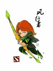 Rule 34 | 1girl, armor, arrow (projectile), artist request, bow (weapon), dota (series), dota 2, green eyes, green scarf, green shirt, jumping, long hair, red hair, scarf, shirt, shoulder pads, solo, weapon, windranger (dota)