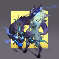 Rule 34 | artist request, blue eyes, bow, dated, hooves, kindred (league of legends), lamb (league of legends), league of legends, mask, no humans, simple background, white hair, wolf (league of legends)