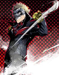 Rule 34 | 1boy, black jacket, black mask, black pants, blonde hair, cofffee, cowboy shot, eye mask, fang, gloves, grin, high collar, holding, holding weapon, jacket, lead pipe, long sleeves, looking at viewer, male focus, mask, pants, patterned background, persona, persona 5, red scarf, sakamoto ryuuji, scarf, short hair, skull mask, smile, solo, teeth, weapon, yellow eyes, yellow gloves
