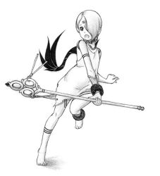 Rule 34 | 1girl, anklet, aragaki ryo, barefoot, bracelet, breath of fire, breath of fire v, dress, facial mark, full-body tattoo, full body, greyscale, hair over one eye, holding, holding staff, jewelry, monochrome, nina (breath of fire v), open mouth, short hair, simple background, solo, staff, tattoo, white background, white dress, wings