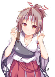 Rule 34 | 10s, 1girl, alternate breast size, alternate hairstyle, artist name, breasts, brown eyes, cleavage, collarbone, hachimaki, hands up, headband, high ponytail, highres, japanese clothes, kantai collection, light brown hair, looking at viewer, medium breasts, muneate, short hair, signature, simple background, smile, solo, white background, wide sleeves, yuumaru (you-mya), zuihou (kancolle)