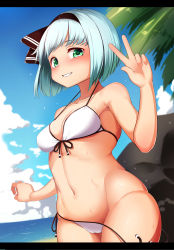 Rule 34 | 1girl, :d, absurdres, bare arms, bare legs, bare shoulders, beach, bikini, black bow, black hairband, black ribbon, blue sky, blunt bangs, blush, bob cut, bow, breasts, breasts apart, cameltoe, cloud, cloudy sky, collarbone, commentary request, cowboy shot, day, front-tie bikini top, front-tie top, green eyes, grin, hair bow, hair ribbon, hairband, hand up, highres, konpaku youmu, letterboxed, looking at viewer, medium breasts, moyashi baasuto, navel, nose blush, ocean, open mouth, outdoors, palm tree, ribbon, rock, shiny skin, short hair, side-tie bikini bottom, silver hair, sky, smile, solo, standing, stomach, string bikini, sweat, swimsuit, teeth, touhou, tree, untied bikini, w, water, waves, white bikini, wide hips