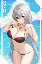 Rule 34 | 1girl, absurdres, aoria, arm strap, armpits, bare arms, bare shoulders, bikini, black bikini, breasts, cleavage, closed mouth, commission, cowboy shot, expressionless, grey hair, halterneck, hands up, heart, heart hands, highres, large breasts, long hair, looking at viewer, lowleg, lowleg bikini, navel, original, red eyes, solo, standing, stomach, string bikini, swimsuit, thigh strap, thighs, very long hair, wet