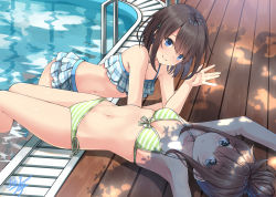 Rule 34 | 2girls, armpits, arms up, bare arms, bare shoulders, bikini, black hair, blue bikini, blue eyes, breasts, brown hair, closed mouth, collarbone, front-tie bikini top, front-tie top, green bikini, hair ornament, hairclip, looking at viewer, lying, miko fly, multiple girls, navel, on back, original, parted lips, plaid, pool, shade, short hair, side-tie bikini bottom, sidelocks, small breasts, smile, striped bikini, striped clothes, swimsuit, water
