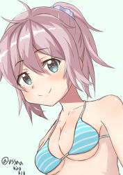 Rule 34 | 10s, 1girl, absurdres, ahoge, aoba (kancolle), bad id, bad pixiv id, bare shoulders, bikini, bikini top only, blue background, blue eyes, breasts, collarbone, commentary request, dated, dutch angle, eyebrows, hair between eyes, highres, kantai collection, looking at viewer, pink hair, ronguuta, scrunchie, simple background, small breasts, smile, solo, striped bikini, striped bikini top, striped clothes, swimsuit, twitter username, ushiotoko&amp;hiroshi