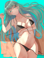 Rule 34 | 1girl, alternate costume, aqua eyes, aqua hair, arm under breasts, bare shoulders, bikini, blush, breasts, cleavage, collarbone, commentary request, cowboy shot, green eyes, hair between eyes, hair ornament, hairclip, highres, irohakaede, jacket, unworn jacket, jewelry, kantai collection, large breasts, long hair, looking at viewer, lying, nail polish, navel, on back, open bikini, open clothes, open mouth, parted lips, ring, side-tie bikini bottom, simple background, solo, stomach, string bikini, suzuya (kancolle), swimsuit, thighs, undressing