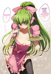Rule 34 | 1girl, 2014, apron, black thighhighs, blush, breasts, c.c., cake, cleavage, code geass, creayus, dated, downblouse, eating, food, green hair, hard-translated, licking, licking finger, long hair, medium breasts, naked apron, ponytail, shiny skin, solo, thighhighs, third-party edit, tongue, translated, yellow eyes
