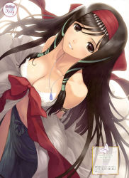 Rule 34 | 10s, 1girl, absurdres, arms behind back, black hair, breasts, brown eyes, cleavage, from above, hair ribbon, highres, jewelry, kaguya (shining hearts), large breasts, long hair, necklace, ribbon, sega, shining (series), shining hearts, shining world, solo, tony taka
