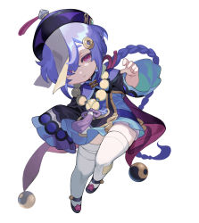 Rule 34 | 1girl, absurdres, bandaged leg, bandages, black footwear, black jacket, blue dress, braid, cropped jacket, dress, full body, genshin impact, hair over one eye, hat, highres, jacket, long hair, long sleeves, looking at viewer, ofuda, parted lips, purple hair, purple hat, qingdai guanmao, qiqi (genshin impact), red eyes, shoes, simple background, sin (btc86amme), single braid, sleeves past fingers, sleeves past wrists, solo, thighhighs, very long hair, white background, white thighhighs, wide sleeves, yin yang