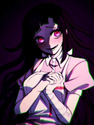 Rule 34 | 1girl, apron, bandaged arm, bandages, black background, black hair, blush, breasts, collared shirt, danganronpa (series), danganronpa 2: goodbye despair, dokudokudoku, gradient background, highres, large breasts, long hair, lower teeth only, mole, mole under eye, open mouth, own hands together, pink eyes, pink shirt, puffy short sleeves, puffy sleeves, shirt, short sleeves, solo, sweat, teeth, tsumiki mikan, twitter username, upper body, white apron