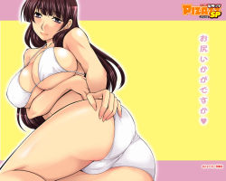 Rule 34 | 1girl, action pizazz, ass, bikini, blunt bangs, breasts, brown hair, cleavage, hime cut, large breasts, long hair, official art, official wallpaper, solo, swimsuit, translation request, white bikini, zen9