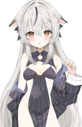 Rule 34 | 1girl, animal ears, black dress, black hair, black ribbon, blue archive, blush, breasts, brown eyes, cleavage, covered navel, dress, grey hair, hair between eyes, hair ribbon, highres, kokona (blue archive), long hair, looking at viewer, medium breasts, multicolored hair, open clothes, parted lips, pelvic curtain, ribbon, simple background, solo, streaked hair, striped clothes, striped dress, vertical-striped clothes, vertical-striped dress, very long hair, white background, yupi (yuyupiko01)