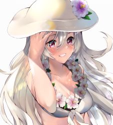 Rule 34 | 1girl, bikini, blush, breasts, cleavage, collarbone, corrin (female) (fire emblem), corrin (female) (summer) (fire emblem), corrin (fire emblem), fire emblem, fire emblem fates, fire emblem heroes, floating hair, flower, flower necklace, flower wreath, hair between eyes, hand on own head, hat, hat flower, highres, jewelry, lei, lips, long hair, medium breasts, necklace, nintendo, official alternate costume, panda inu, parted lips, red eyes, silver hair, simple background, smile, solo, swimsuit, upper body, white background, white bikini, white hat