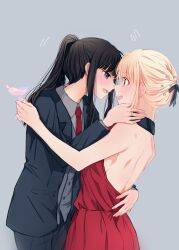 Rule 34 | 2girls, assertive female, backless dress, backless outfit, black hair, black jacket, black pants, black ribbon, blonde hair, blue background, blush, cocktail glass, collared shirt, commentary request, cowboy shot, cup, dress, drinking glass, eye contact, formal, full-face blush, futaba (rei-futaba), grey shirt, grey vest, hair ribbon, highres, hug, imminent kiss, inoue takina, jacket, long hair, long sleeves, looking at another, lycoris recoil, multiple girls, necktie, nishikigi chisato, official alternate costume, official alternate hairstyle, open clothes, open jacket, open mouth, pants, ponytail, purple eyes, red dress, red eyes, red necktie, ribbon, shirt, sidelocks, simple background, suit, sweatdrop, teeth, upper teeth only, vest, yuri