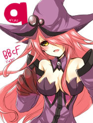 Rule 34 | 1girl, arc system works, bare shoulders, black sclera, blazblue, blazblue: central fiction, blush, breasts, cleavage, colored sclera, detached collar, detached sleeves, female focus, hair over one eye, hat, konoe a. mercury, large breasts, long hair, nyoro, open mouth, pink hair, smile, solo, witch hat, yellow eyes