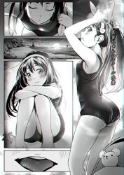 Rule 34 | 1girl, ass, backpack, bag, beach, blush, close-up, gesugesu ahoaho, greyscale, hachikuji mayoi, hair ribbon, highres, image sample, lips, long hair, looking at viewer, monochrome, monogatari (series), open mouth, ribbon, school swimsuit, smile, solo, swimsuit, teardrop, teeth, twintails, twitter sample, wet