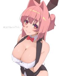 Rule 34 | 1girl, animal ears, bare shoulders, bow, bowtie, breast hold, breasts, cleavage, covered erect nipples, detached collar, fake animal ears, highres, large breasts, leotard, looking at viewer, miton-chan (miton (turuyasann)), miton (turuyasann), original, pink hair, playboy bunny, rabbit ears, rabbit tail, red bow, red eyes, simple background, smile, solo, tail, text focus, white background