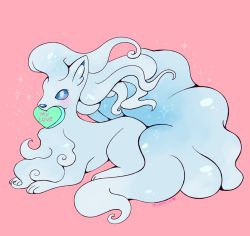 Rule 34 | alolan form, alolan ninetales, blue eyes, blush, commentary request, creature, creatures (company), english text, flufflixx, full body, game freak, gen 7 pokemon, heart, highres, mouth hold, nintendo, no humans, pokemon, pokemon (creature), signature, solo, sparkle