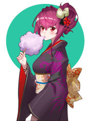 Rule 34 | 1girl, blush, breasts, cotton candy, eating, fate/grand order, fate (series), hair ornament, highres, japanese clothes, kimono, looking at viewer, purple hair, red eyes, scathach (fate), scathach (fate), solo, warum