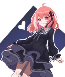 Rule 34 | 1girl, ahoge, alternate costume, black dress, black ribbon, blue background, blush, closed mouth, commentary request, dress, fang, fang out, hair ribbon, heart, layered dress, long sleeves, multicolored hair, nijisanji, outline, puffy long sleeves, puffy sleeves, red eyes, ribbon, sasaki saku, sasaki saku (4th costume), sleeves past wrists, smile, solo, soranakidayo, streaked hair, two-tone background, virtual youtuber, white background, white hair, white outline
