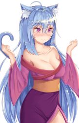 Rule 34 | 1girl, ahoge, animal ear fluff, animal ears, bare shoulders, blue hair, blush, breasts, cat ears, cat tail, cleavage, collarbone, commentary, english commentary, hair between eyes, highres, japanese clothes, kaptivate, kimono, large breasts, long hair, original, pink eyes, simple background, smile, solo, tail, white background, yukata